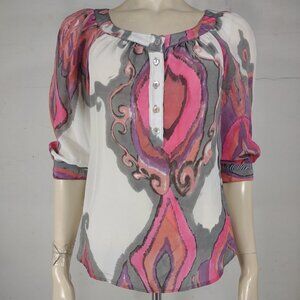 Trina Turk pink gray white abstract Henley scoop neck blouse top ladies Small